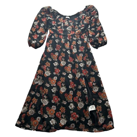 Hollister Dresses & Skirts - Hollister Black‎ Floral Dress Off Shoulder Bow Smocked Waist Midi Front Slit M